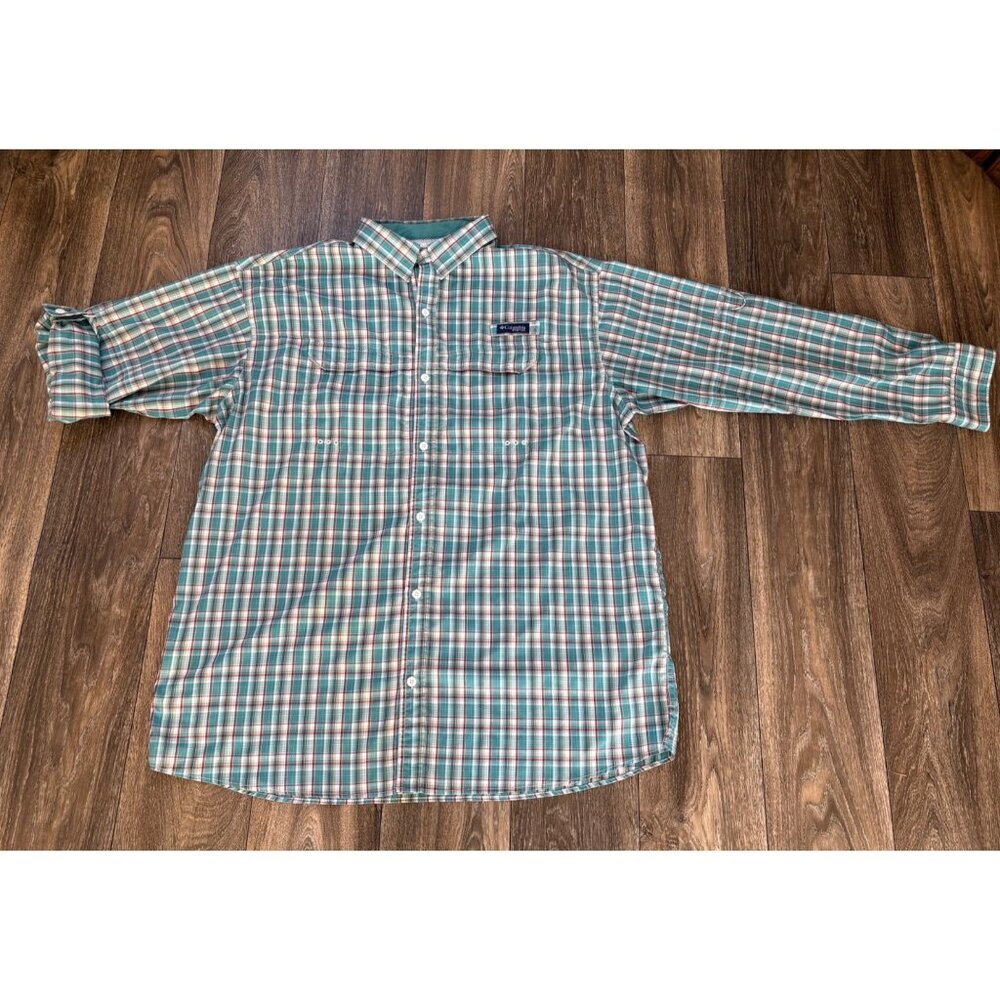 COLUMBIA PFG MENS SIZE XXL BUTTON DOWN SHIRT ROLL TAB SLEEVE PLAID GREEN BROWN